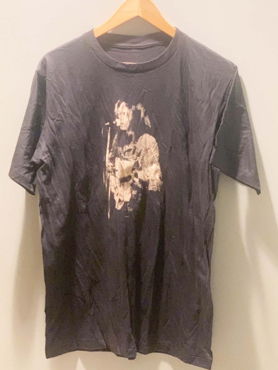 Neil Young Black-and-White Performance T-Shirt with Captain Boot Tag: A Timeless Piece of Rock 'n' Roll History - Vintage Band Shirts