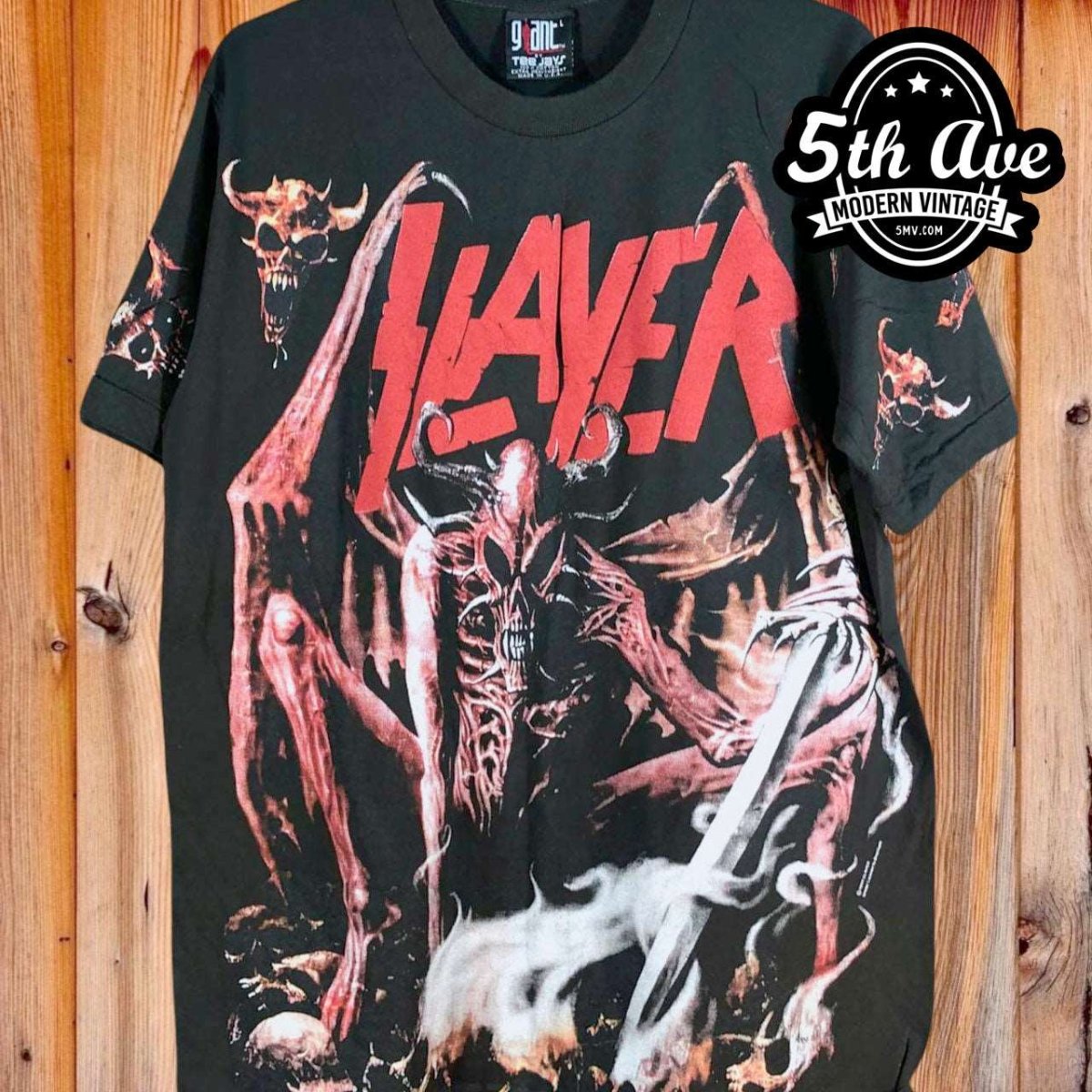 Vintage Bootleg Slayer: Unleash the Darkness with an All Over Print Single Stitch Black Short Sleeve t shirt - Vintage Band Shirts